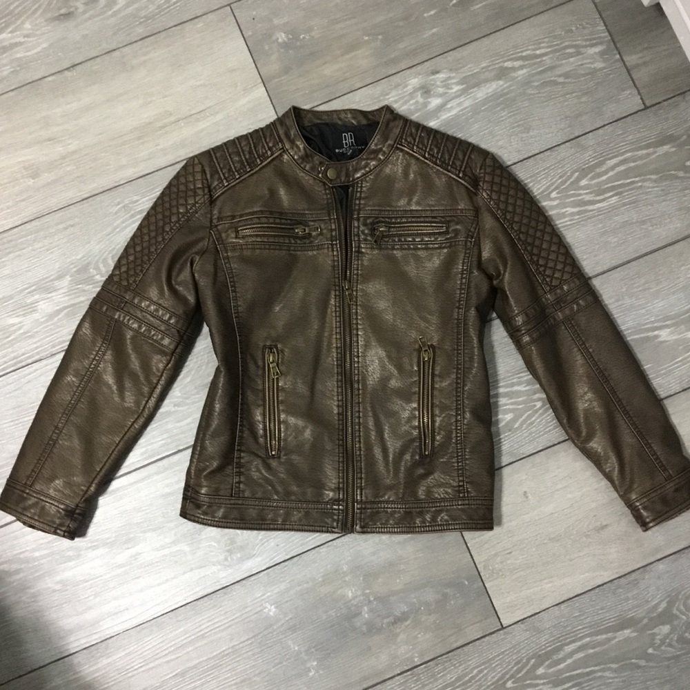 Kids Brown Faux Leather Moto Jacket Brass Zippers Quilted Shoulders UNISEX 11/12